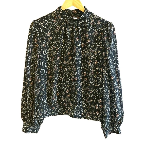 1 State Microfloral Cottagecore Mockneck Long Sleeve Blouse Large Open Back Boho - Picture 1 of 6